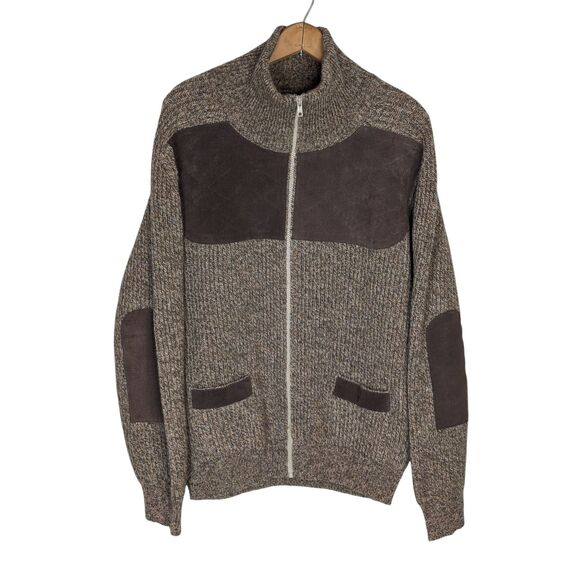 Lochaven of Scotland Wool Mens Full Zip Sweater Sz L Elbow Patch Fisherman Brown - Picture 1 of 9